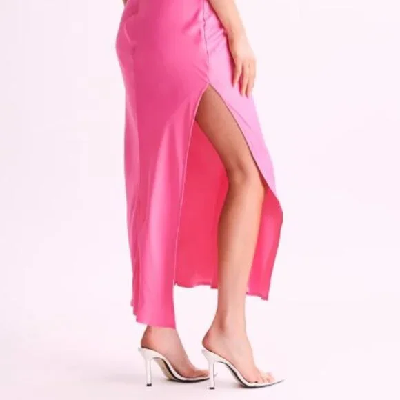 Meshki Satin Drape Back Maxi Dress with Split - Pink / XS - Picture 8 of 12